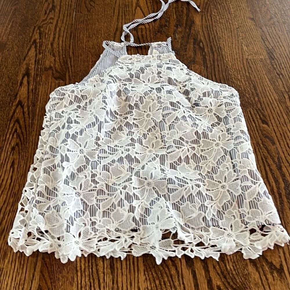 Adiva Women's Size Small Halter Top Blue/White Striped Lace Overlay Casual Tank